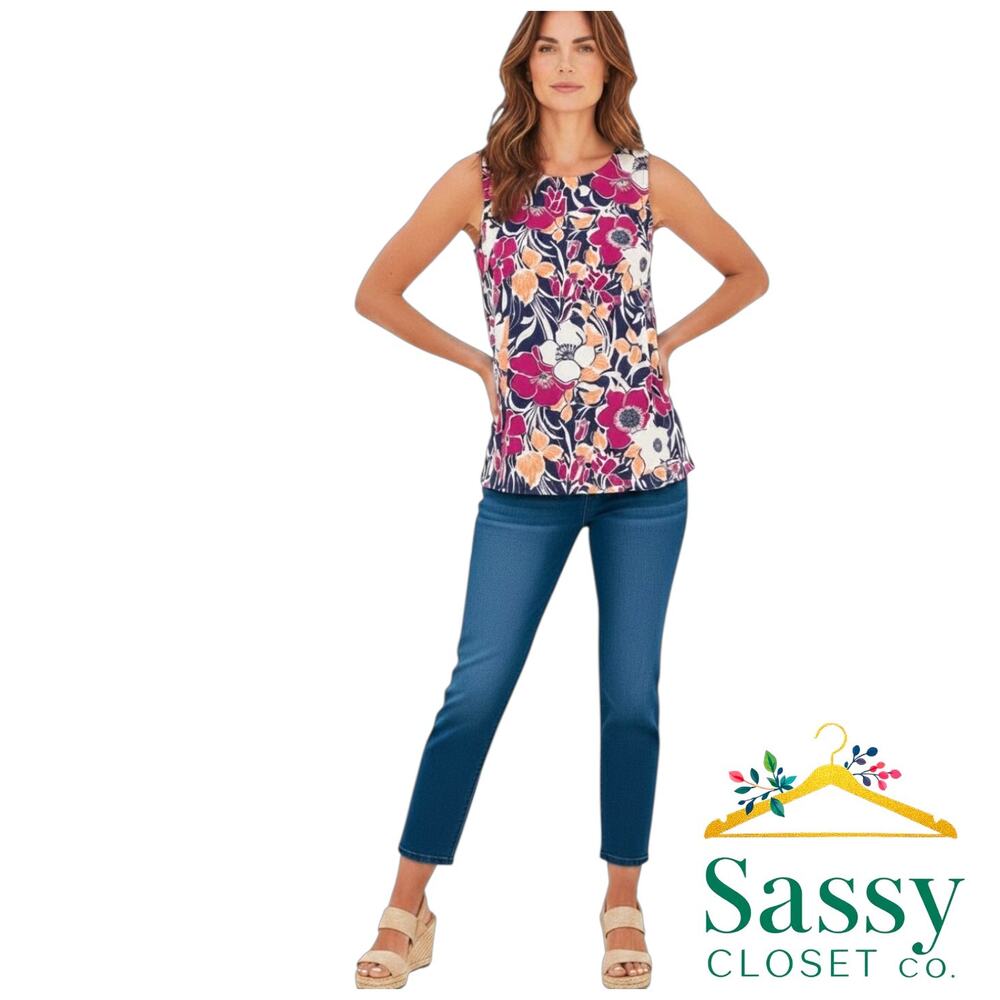 Ann Taylor Floral Tank Top M EUC Fuchsia Pink Navy Mixed Media Shell